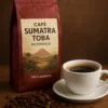Café Sumatra Toba 100% arábica de Indonesia con granos tostados y taza de café