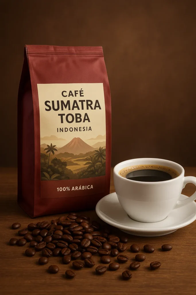 Café Sumatra Toba 100% arábica de Indonesia con granos tostados y taza de café